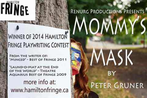 Promotional card for Mommy's Mask which played at the 2014 Hamilton Fringe Festival.